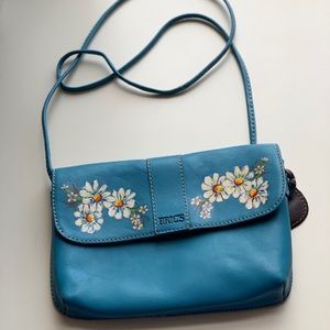 Turquoise Leather Bag with Hand Painted Daisies